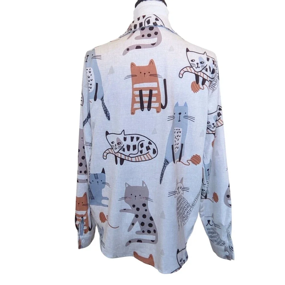 Cat Button-Down Shirt White Blue Brown Novelty Fun Medium